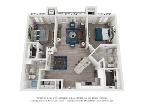 Floor plan for 2 beds, 2 baths, 1143 sqft